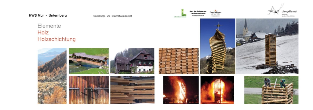 Gestaltungskonzept Hochwasserschutz Unternberg – Holzschichtung / Elemente