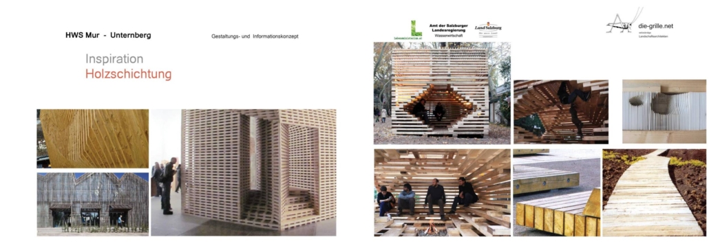 Gestaltungskonzept Hochwasserschutz Unternberg – Holzschichtung / Inspiration